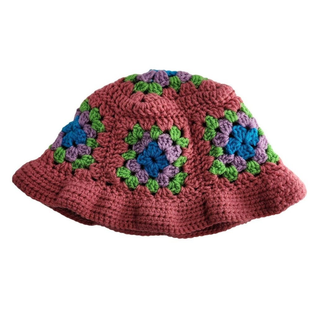Granny Bucket Hat rose mauve blue handknit